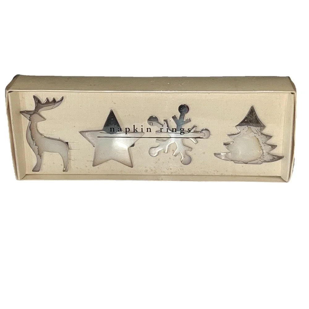 Vintage Pier 1 Silver Plated Christmas Napkin Rings Tree Star Snowflake Reindeer